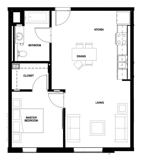 Floor plan for 1 bed, 1 bath, 852 sqft